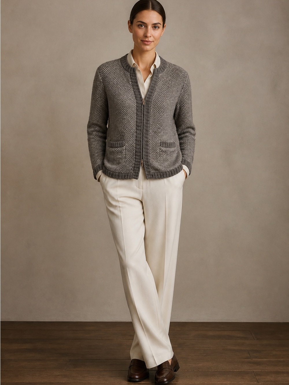 Ann Taylor NWOT Gray Textured Zip-Front Cardigan, Merino Wool/Nylon/Medal blend.